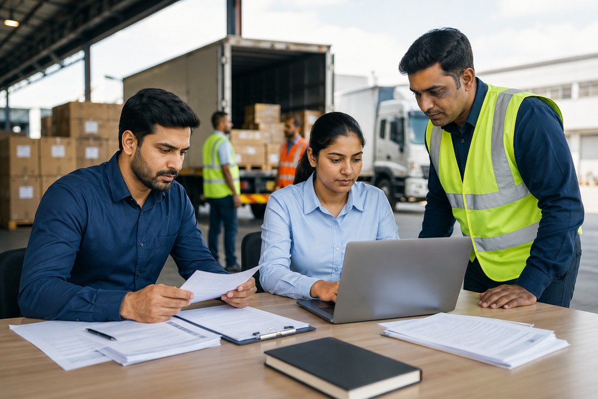 Indian logistics documentation team reviewing e-way bill and invoice paperwork at a warehouse loading dock to prevent dispatch delays