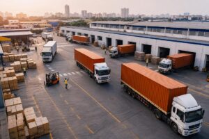 Indian logistics fleet at a modern warehouse hub showcasing efficient full truckload transport and backhaul optimisation operations across India