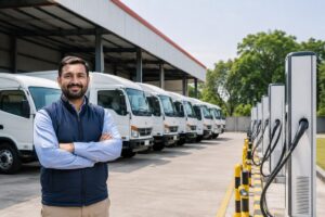 Indian logistics fleet at EV depot charging station showcasing sustainable fleet operations in India