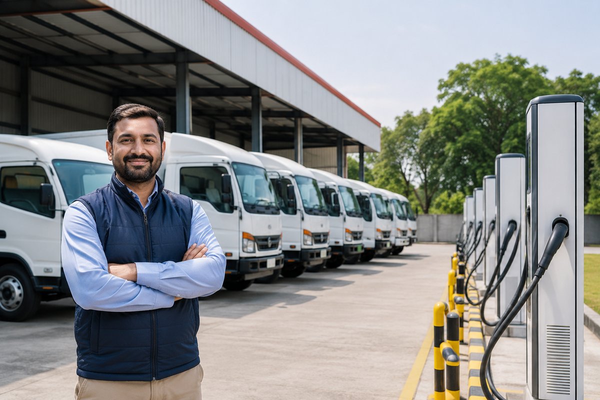 Indian logistics fleet at EV depot charging station showcasing sustainable fleet operations in India