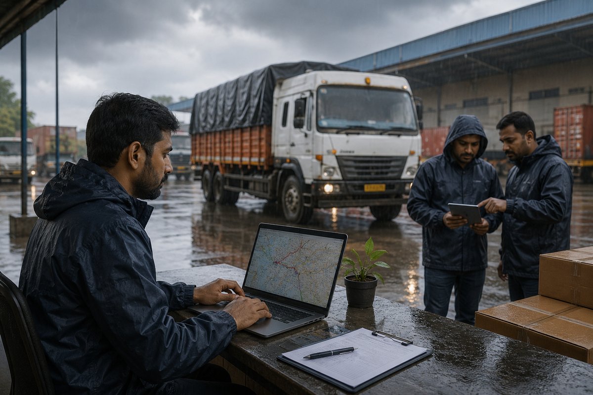 Indian logistics team managing monsoon road freight operations with trucks, route planning, and contingency coordination during rainy weather