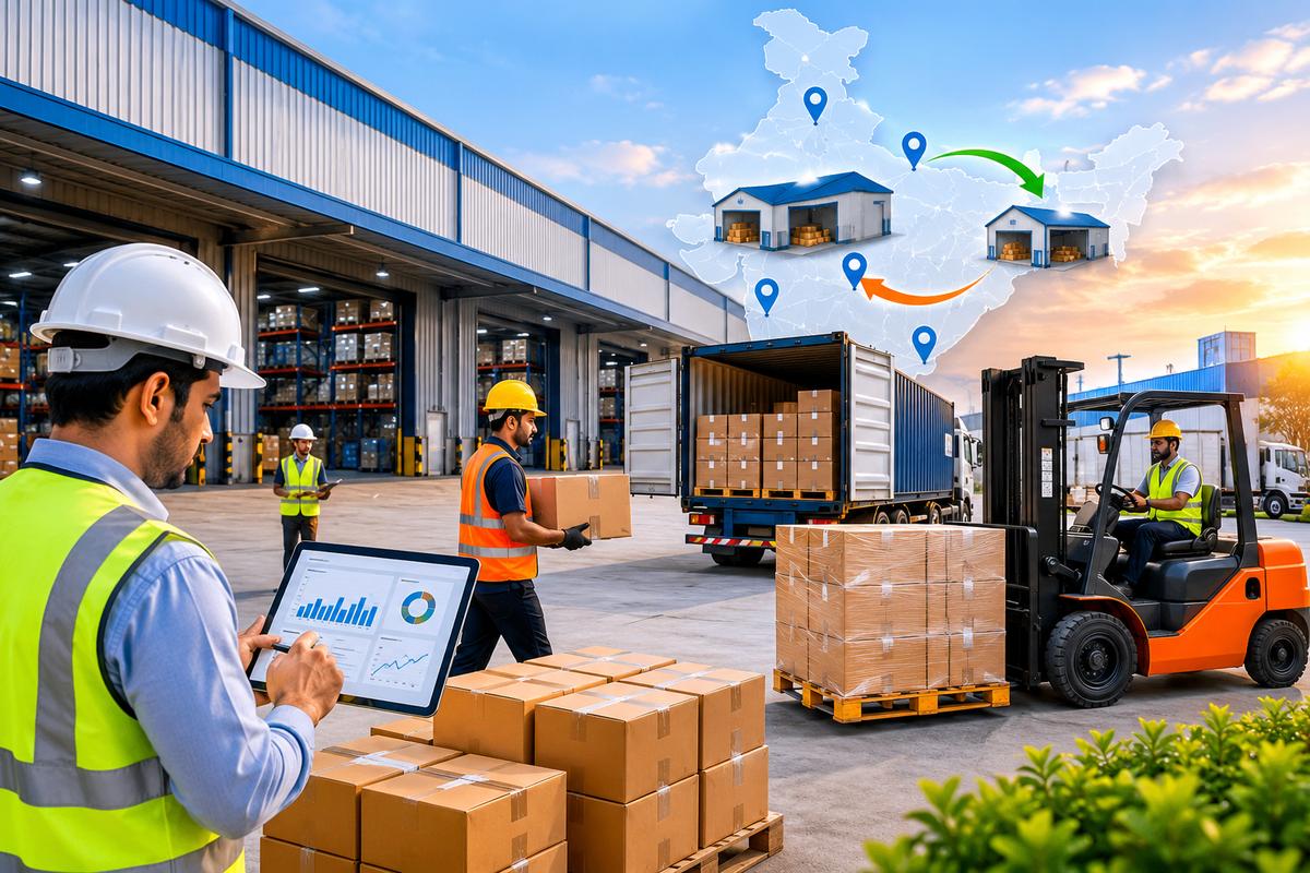 Indian logistics warehouse team managing inventory transfers between regional warehouses, using forklifts, trucks, and digital stock monitoring to improve supply chain efficiency and fill rates.