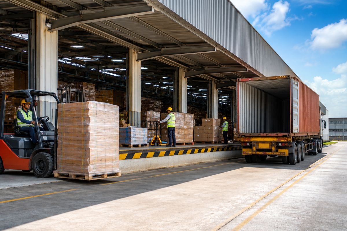 Cross-docking operations at a modern Indian logistics hub with forklifts, palletized freight, warehouse staff, and outbound trucks supporting faster PTL shipment movement.