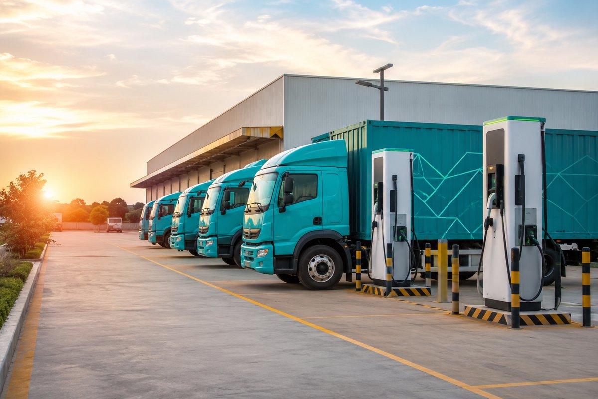 Modern Indian logistics depot with electric trucks parked at charging stations, showcasing EV-ready freight infrastructure and sustainable transport operations.