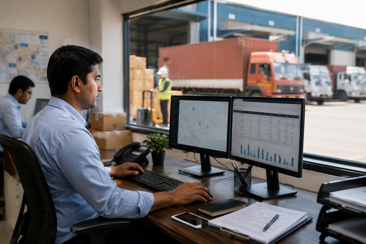 Indian logistics operations manager monitoring digital shipment records while container trucks are loaded at a modern freight warehouse, representing e-Way Bill closure, Ship-To GSTIN and e-invoice compliance.