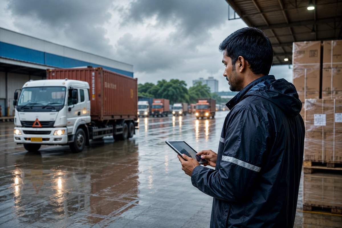 Indian logistics manager monitoring freight operations during monsoon conditions at a modern warehouse facility, with cargo trucks, wet loading yard, and supply chain coordination for reliable B2B deliveries.