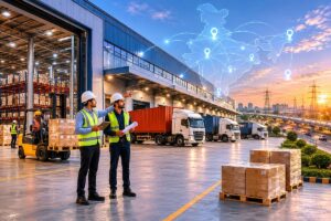 Modern Grade A warehouse in an emerging Indian industrial corridor with distribution trucks, warehouse managers, palletized cargo, and logistics network connectivity supporting nationwide supply chain operations.