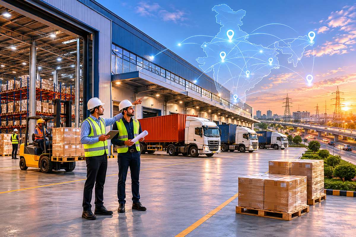 Modern Grade A warehouse in an emerging Indian industrial corridor with distribution trucks, warehouse managers, palletized cargo, and logistics network connectivity supporting nationwide supply chain operations.