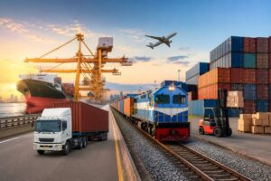 Multimodal logistics in India showing freight containers being transported by truck, rail, and cargo ship at a modern logistics hub with container terminals and cargo handling operations.