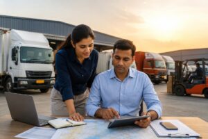 Indian logistics planners using digital tools and route maps at a modern transport hub with trucks and warehouse operations in the background, representing transport planner training in India.