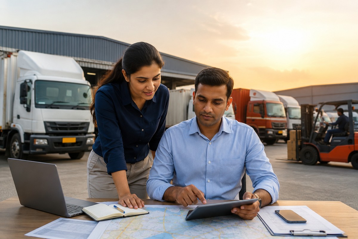 Indian logistics planners using digital tools and route maps at a modern transport hub with trucks and warehouse operations in the background, representing transport planner training in India.
