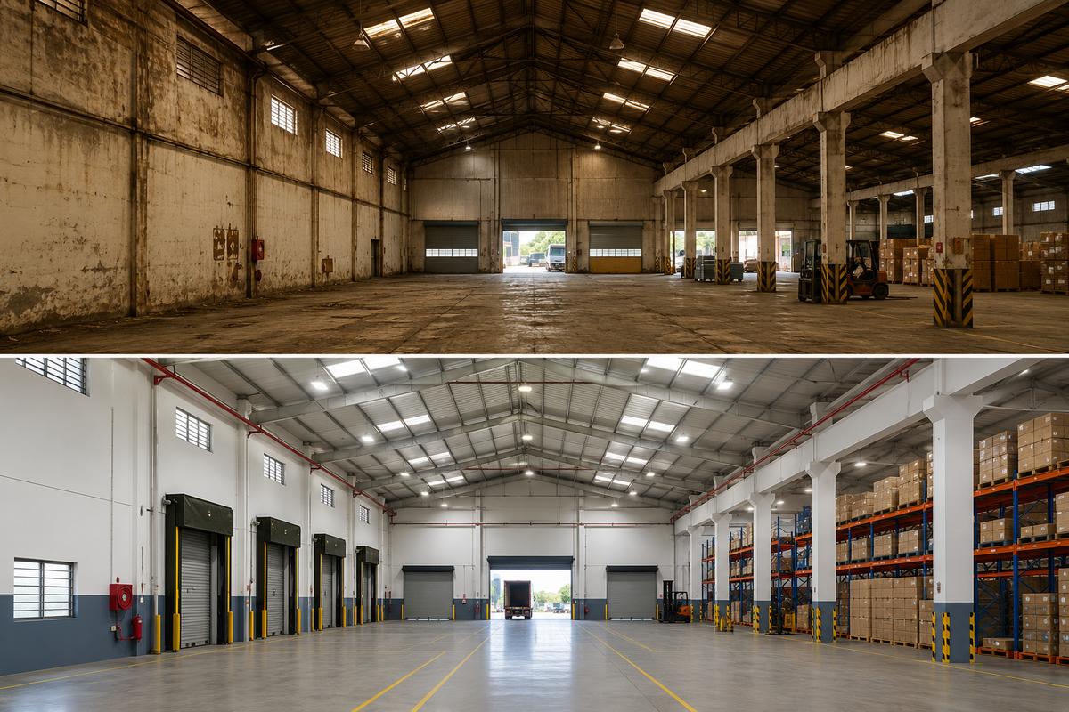 Before and after comparison of an older Indian warehouse retrofitted into a modern logistics facility with upgraded flooring, loading docks, storage racks, lighting and safety systems.