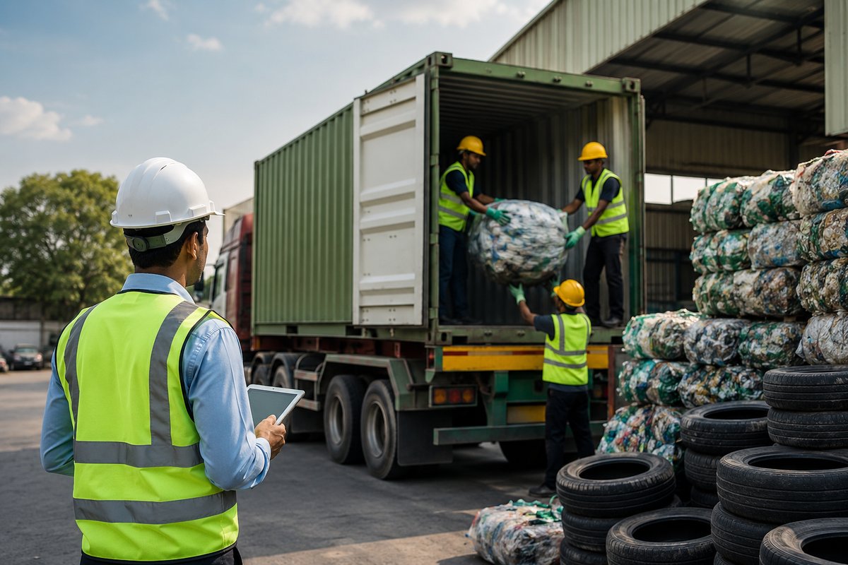 Circular logistics India operations with an Indian logistics company transporting recyclable materials, tyres, and plastic waste for compliant reverse supply chain management and sustainable freight.