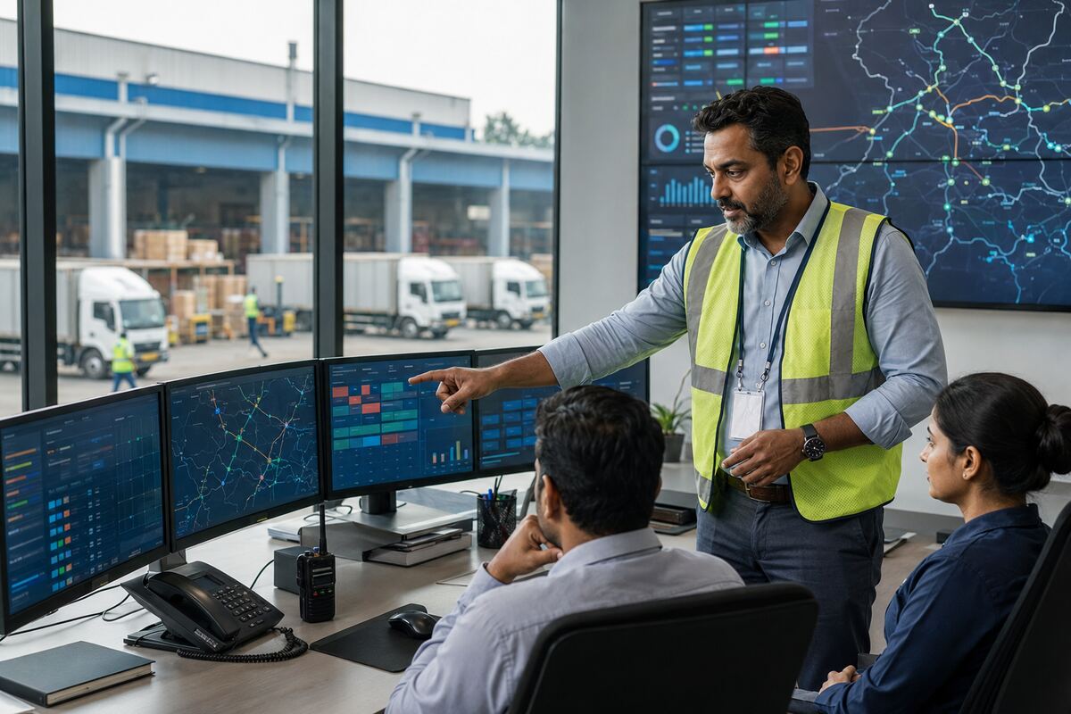 Indian logistics manager monitoring warehouse, fleet and delivery operations through a modern control-tower dashboard.