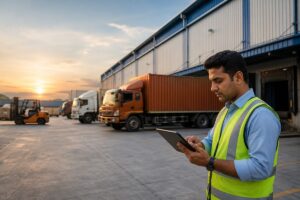 Indian logistics warehouse with container trucks at loading docks while a logistics supervisor uses a digital tablet to reduce truck detention and improve warehouse turnaround efficiency.