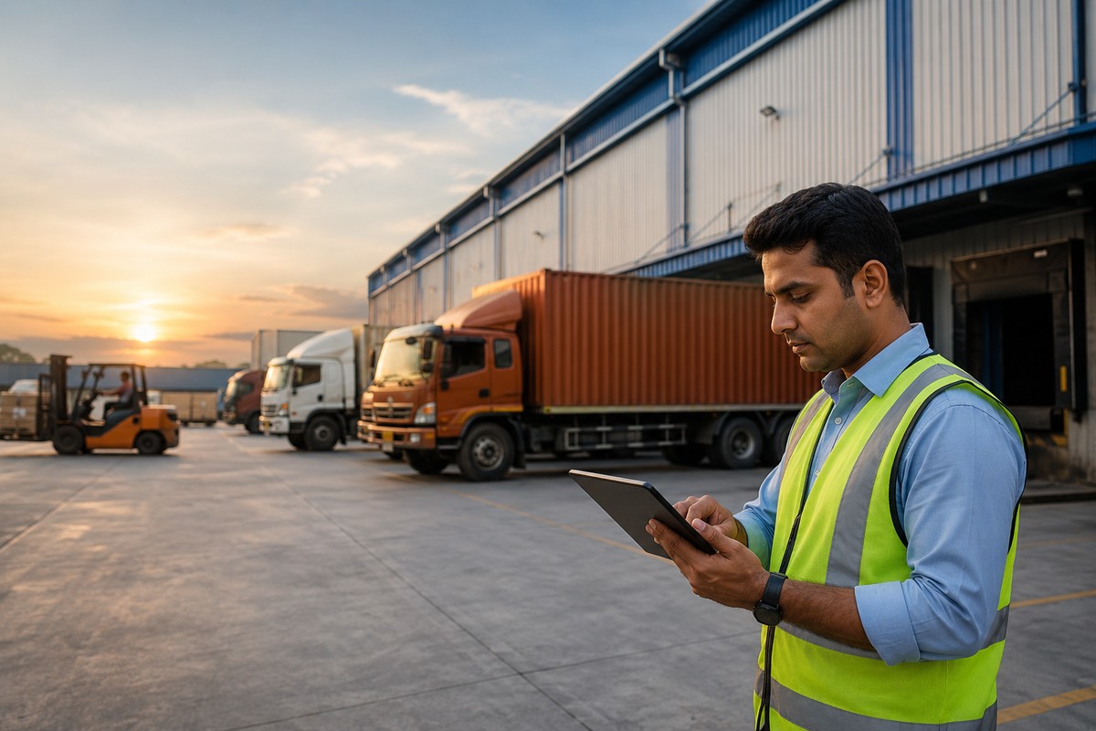 Indian logistics warehouse with container trucks at loading docks while a logistics supervisor uses a digital tablet to reduce truck detention and improve warehouse turnaround efficiency.