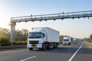 Indian logistics trucks travelling through a barrier-less tolling gantry for faster freight movement and smarter ETA tracking.