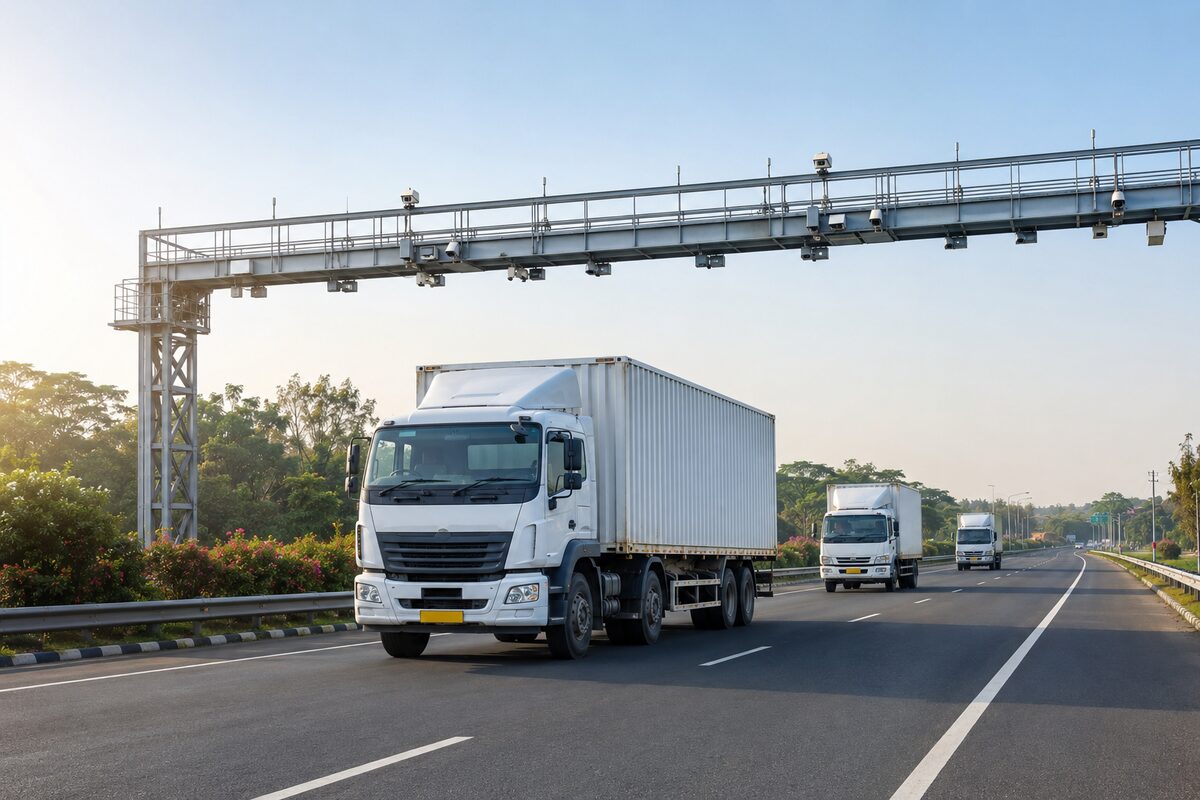 Indian logistics trucks travelling through a barrier-less tolling gantry for faster freight movement and smarter ETA tracking.
