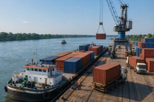 Inland waterway logistics in India with a cargo barge, container terminal and trucks supporting domestic freight movement