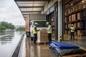 Monsoon-ready Indian warehouse with protected inventory, clear drainage and safe loading operations