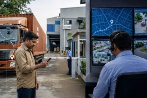 Indian truck driver using DIGIPIN for logistics at an industrial delivery gate while a dispatcher tracks the precise location.