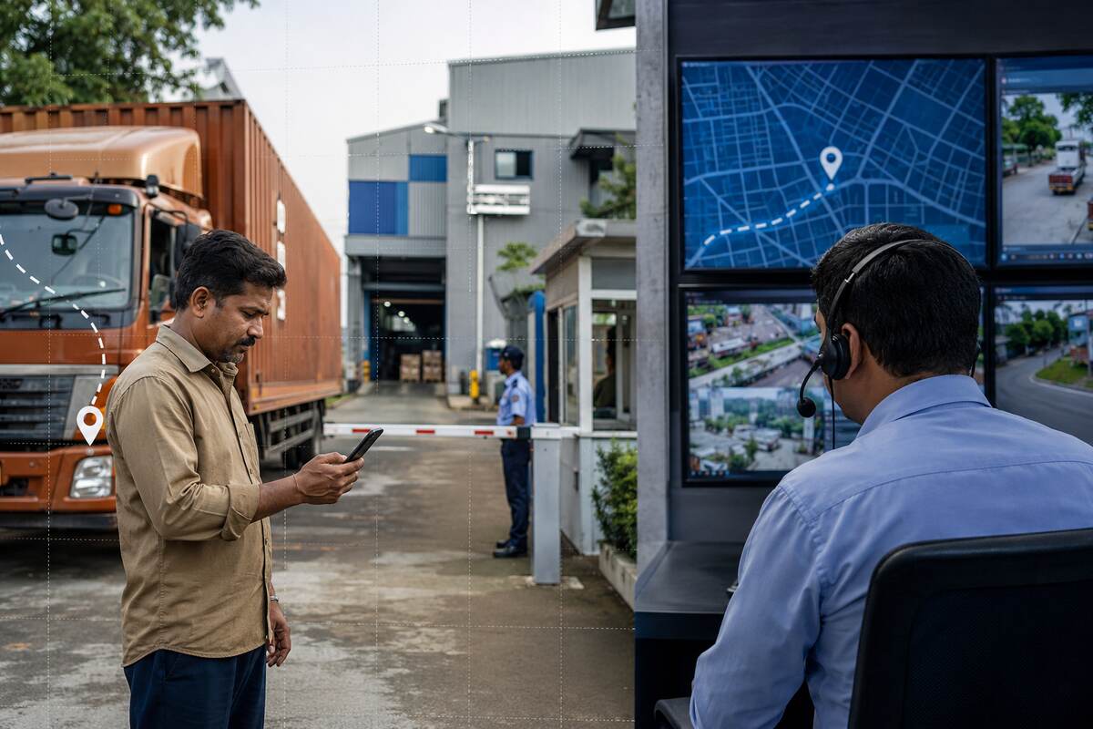 Indian truck driver using DIGIPIN for logistics at an industrial delivery gate while a dispatcher tracks the precise location.