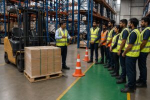 Forklift operator training in India with a warehouse trainer coaching a safety-equipped team beside a stationary forklift and pallet load.