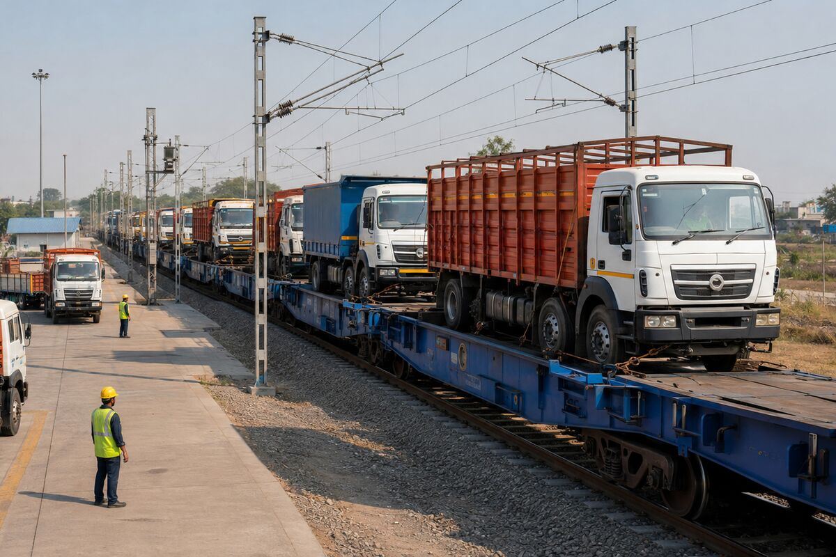 Trucks-on-Trains multimodal service carrying loaded trucks through a modern Indian freight terminal