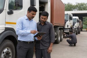 Eco-driving for truck fleets in India with a trainer and driver reviewing telematics beside freight trucks at a depot.