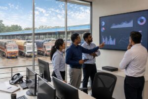 Indian logistics managers and a client reviewing a transporter performance dashboard in a modern control room overlooking a freight yard.