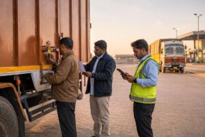 Two Indian truck drivers completing a secure relay trucking handover with a logistics supervisor at a highway hub in India.
