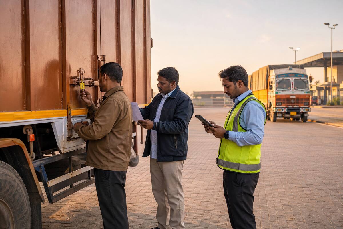 Two Indian truck drivers completing a secure relay trucking handover with a logistics supervisor at a highway hub in India.