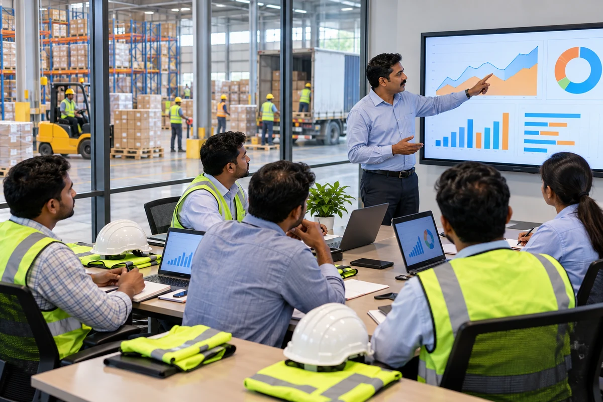 Indian supervisors attending logistics data analytics training beside an active warehouse.