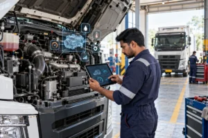 Indian technician using predictive maintenance data beside an open commercial truck engine at a fleet workshop.