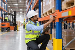 Indian warehouse engineer conducting a pallet racking safety inspection with a tablet and measuring tool.