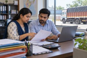 Two Indian logistics accounts staff compare a freight invoice with laptop records, with a calculator on the desk and a truck outside.