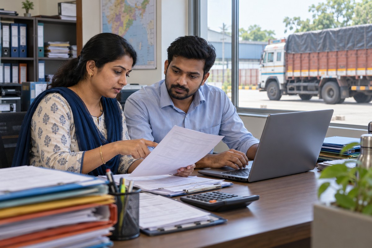 Two Indian logistics accounts staff compare a freight invoice with laptop records, with a calculator on the desk and a truck outside.