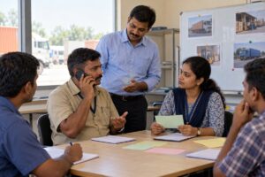 A trainer guides a driver and branch coordinator through a phone role play while two learners observe in a logistics training room.