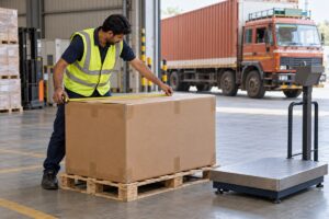 Warehouse worker measures a sealed carton on a pallet beside a floor scale, with a cargo truck in the background.