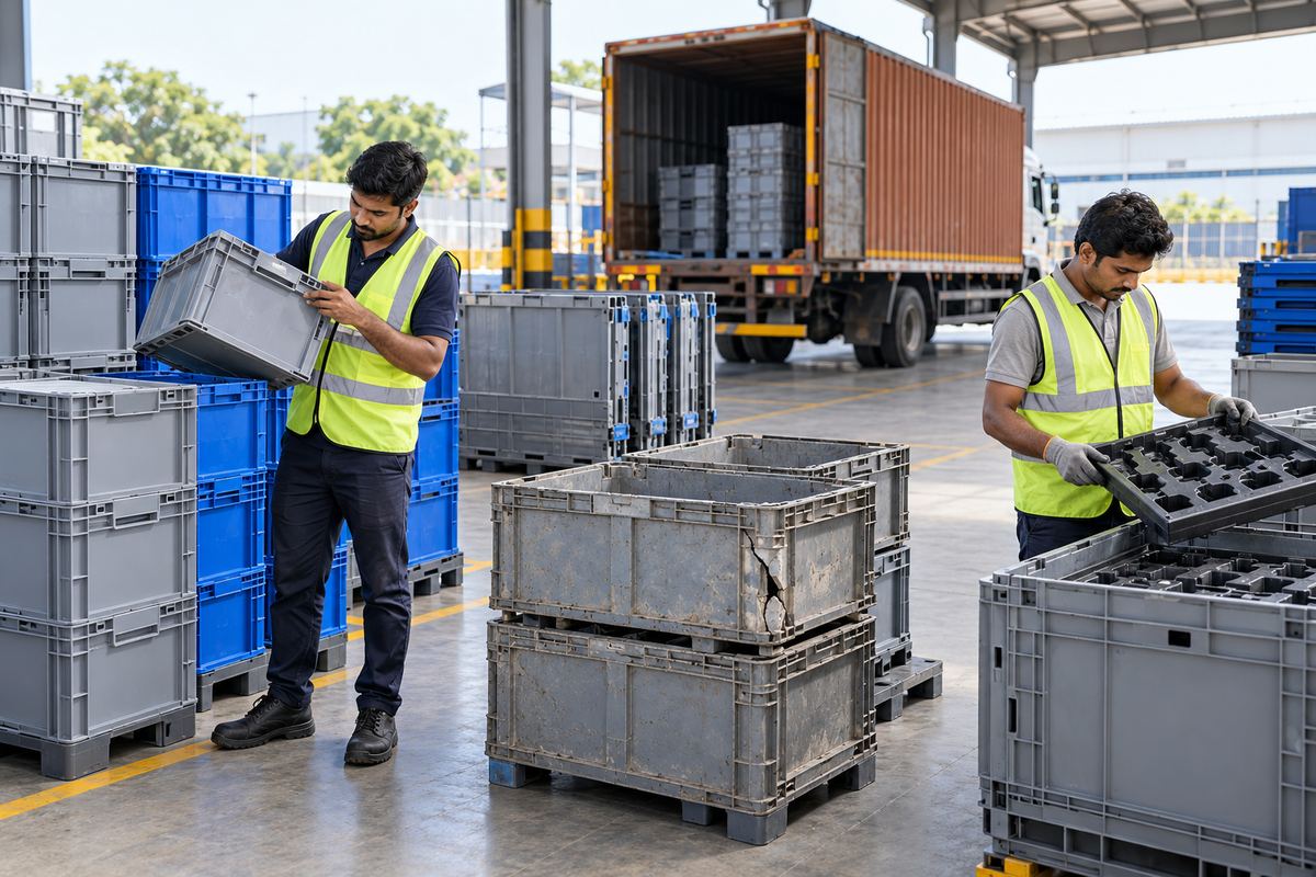 Two warehouse workers inspect reusable crates and component trays, with damaged bins set aside and a truck at the loading bay.