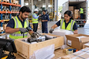 Indian warehouse team verifying and packing a critical industrial spare part for urgent logistics dispatch.