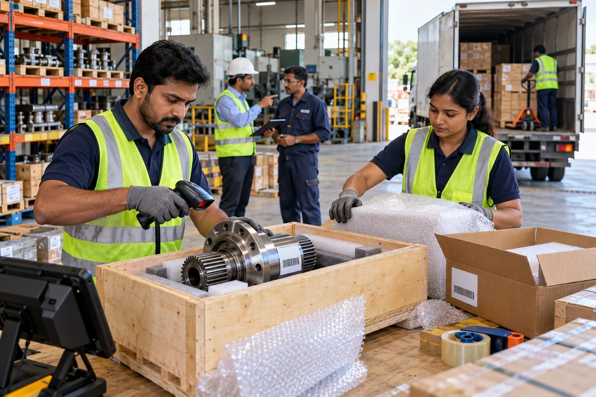 Indian warehouse team verifying and packing a critical industrial spare part for urgent logistics dispatch.
